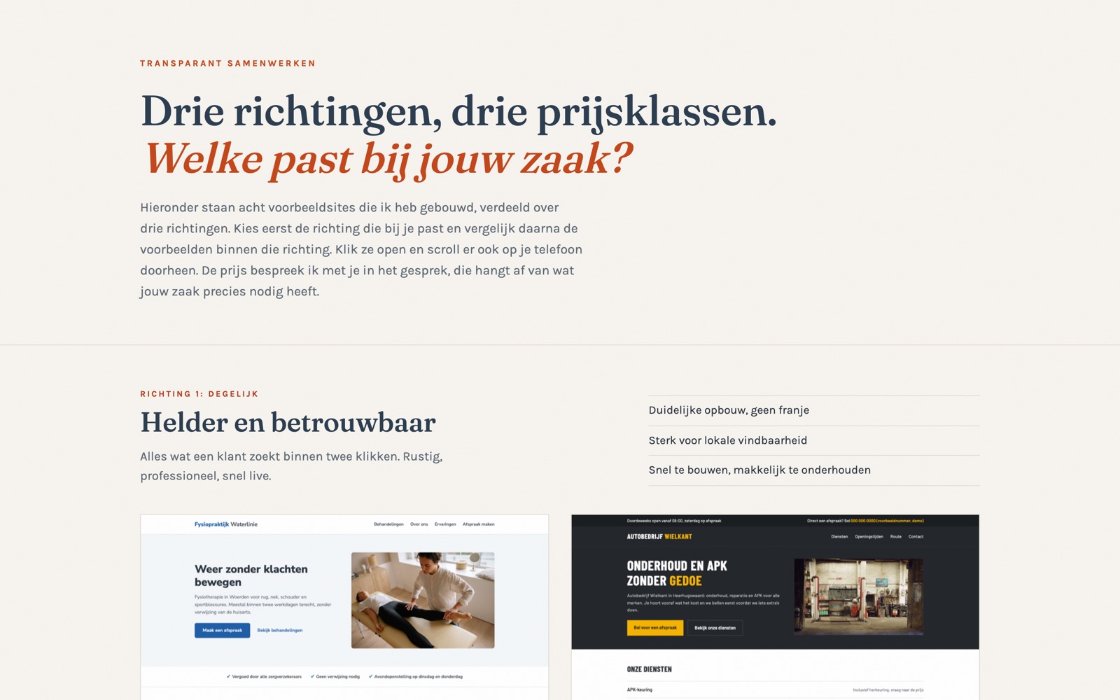 Het keuzemenu met voorbeelden in drie niveaus