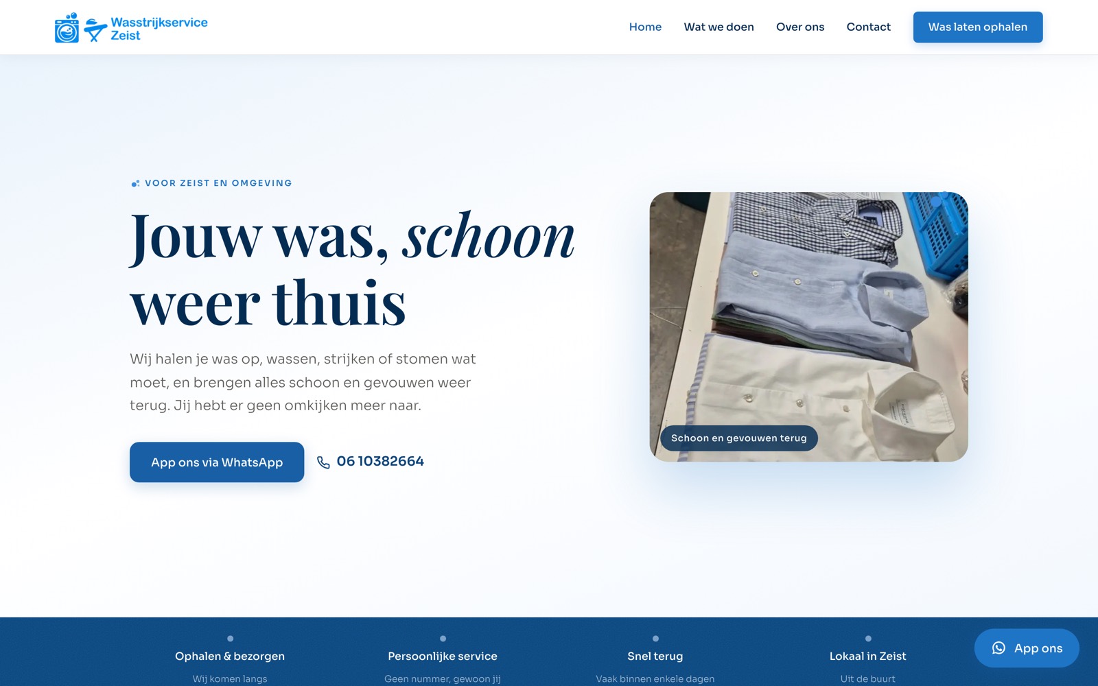 Homepage van wasstrijkservicezeist.nl, de particuliere tak
